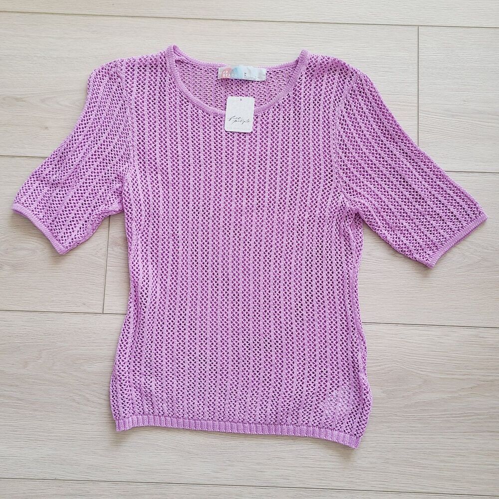 New Free People Beach Crocheted Top M Lavendar Purple‎ Open Knit Pullover